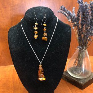 Amber and Sterling Silver Set: Earrings and Pendant on a chain